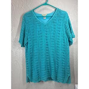 Teddi Womens Short Sleeve Lined Crochet Overlay Mesh V Neck Top Size Large